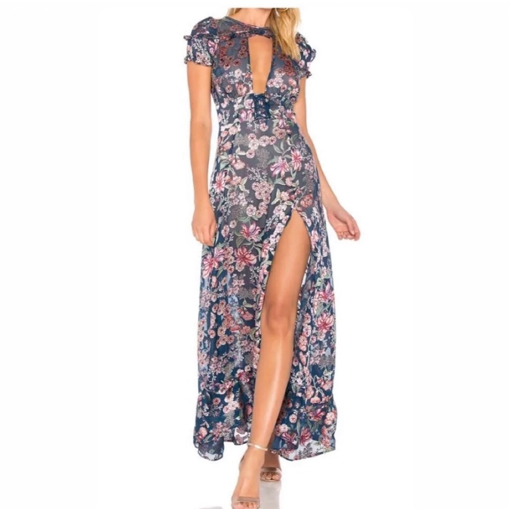 Navy blue for love and lemons silk floral dress